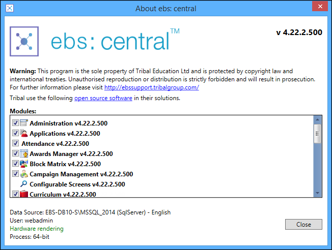 About ebs: central window